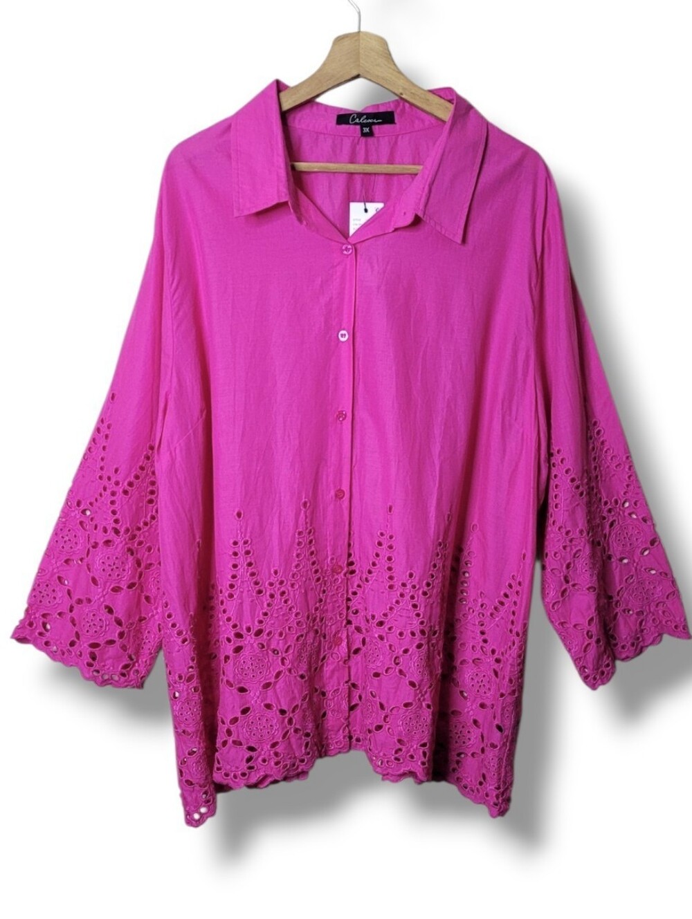 Calessa Eyelet Blouse Womens 3X Fuchsia Pink Cotton